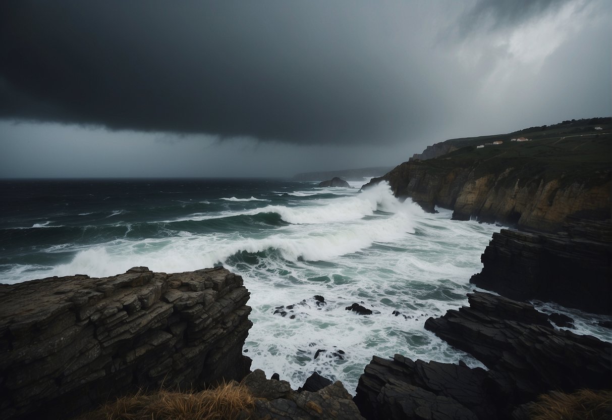 Dark clouds loom over rugged coastline, waves crash violently against cliffs. Wind howls, rain pelts the landscape. A scene of challenging weather conditions in Portugal