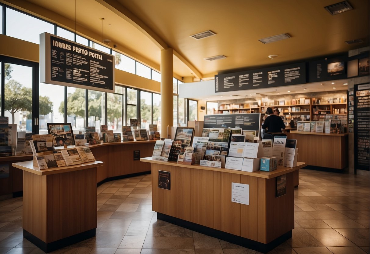 A bustling tourist information center with a sign reading "Frequently Asked Questions: worst time to visit Portugal." Maps and brochures scattered on the counter