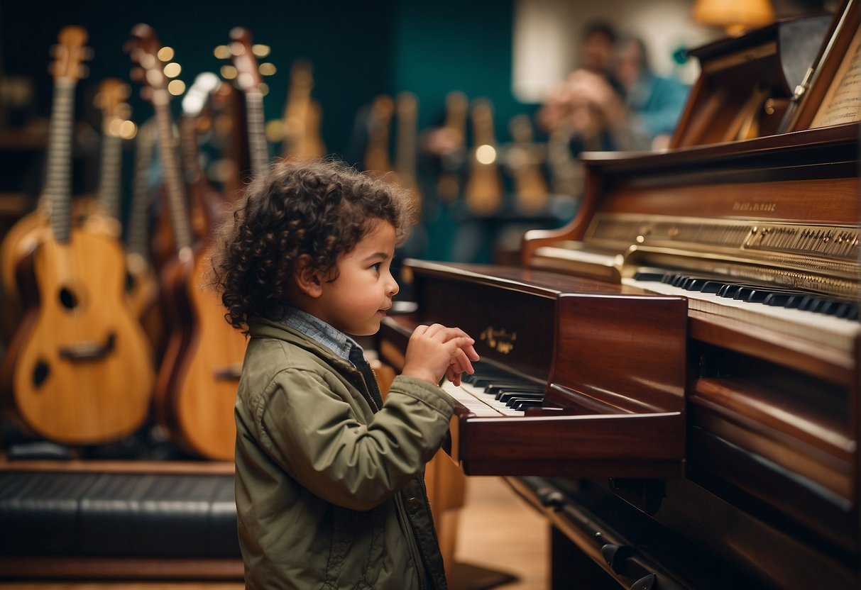 A child's hand hovers over a selection of musical instruments, contemplating whether to pick one up. A parent looks on, considering the benefits of encouraging their child to learn music