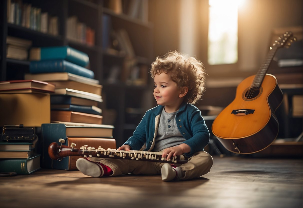 A child sits surrounded by musical instruments, absorbed in playing a melody. Books on music education and benefits are scattered nearby