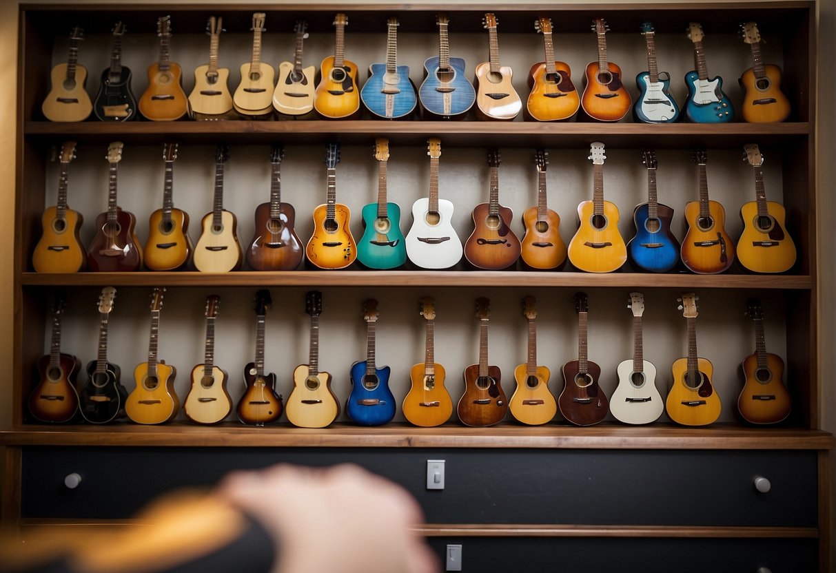 A variety of musical instruments displayed on a shelf, with a child's hand reaching out to pick one