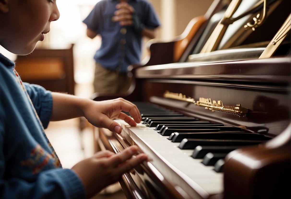 A child's hand reaching for a musical instrument, surrounded by a variety of instruments and sheet music, with a parent looking on with a mix of encouragement and concern