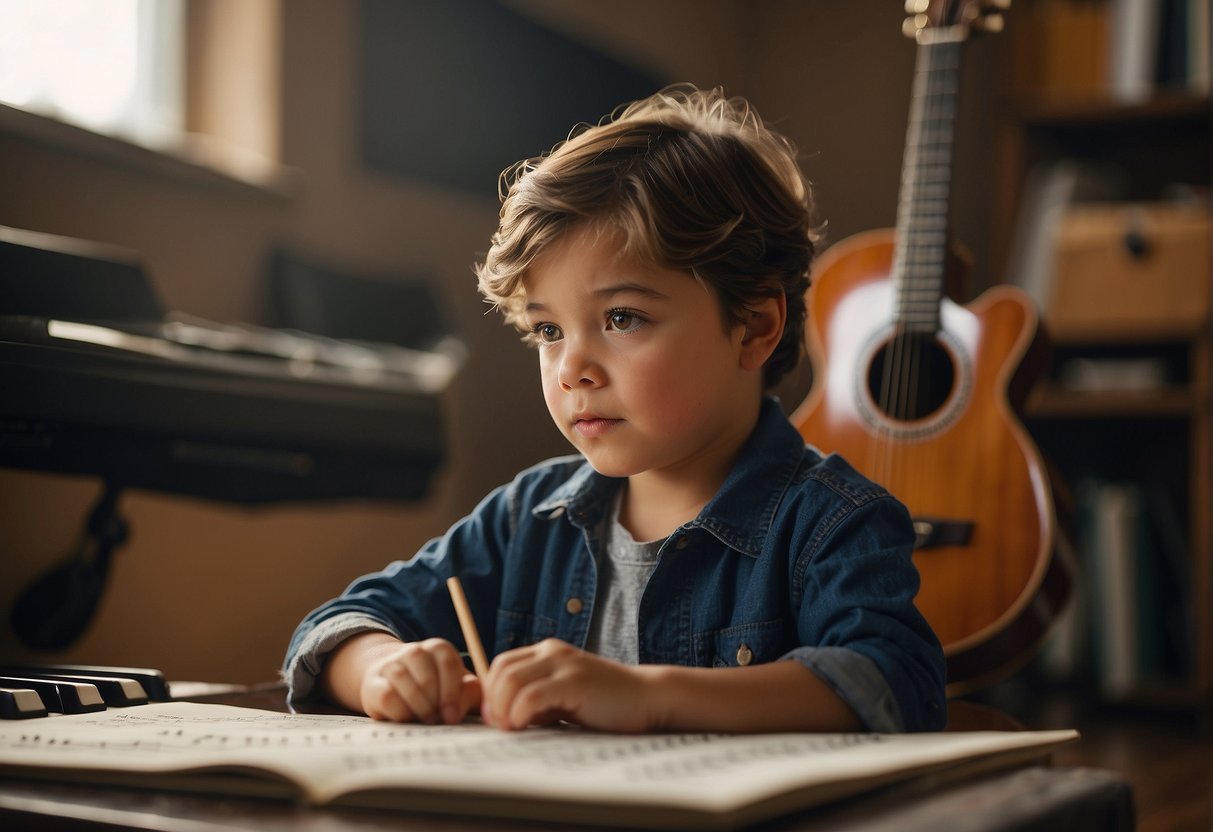 A child sits in a well-lit room, surrounded by various musical instruments. They hold a sheet of music, their eyes focused and determined as they practice playing their chosen instrument