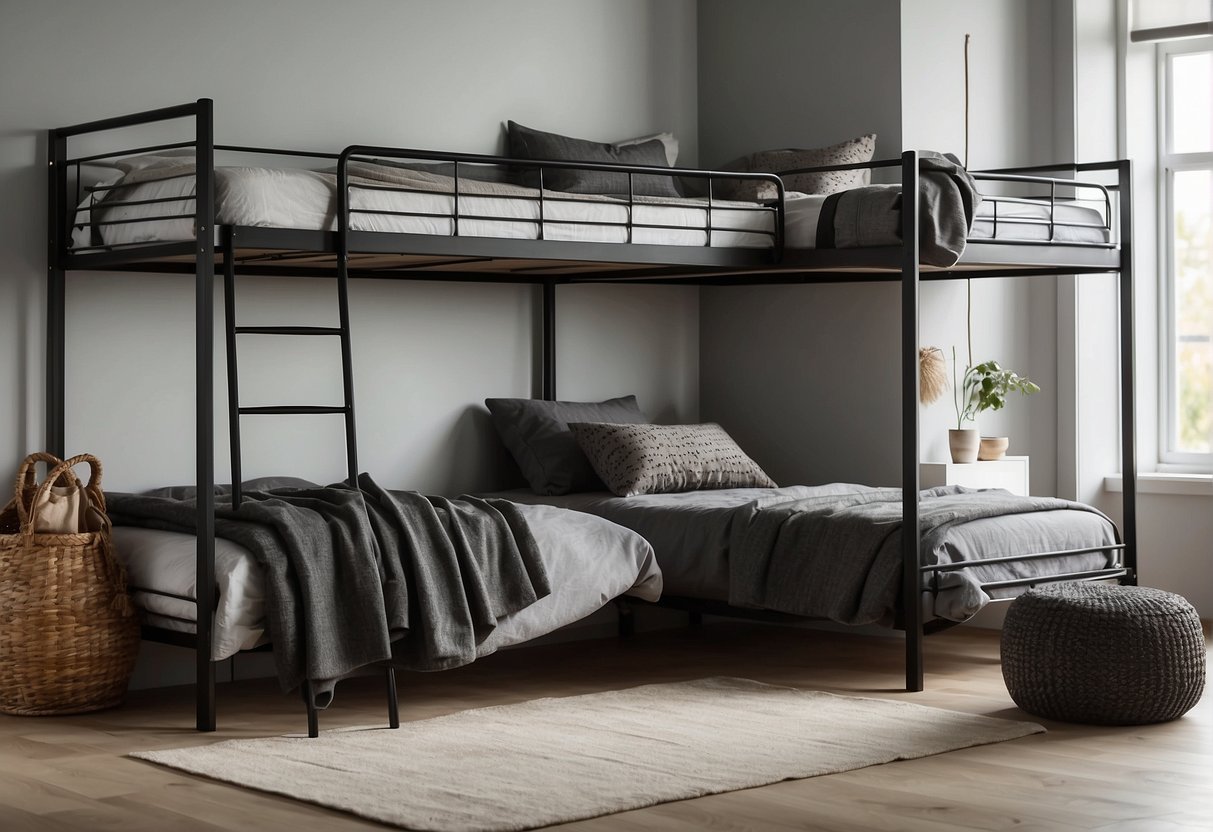 Two bunk beds, one metal and one wooden, stand side by side in a simple bedroom with plain walls and minimal decor