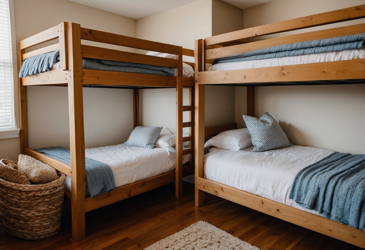 Two bunk beds side by side, one made of sturdy metal and the other of warm, natural wood. Each bed is neatly made with crisp linens and a cozy throw blanket