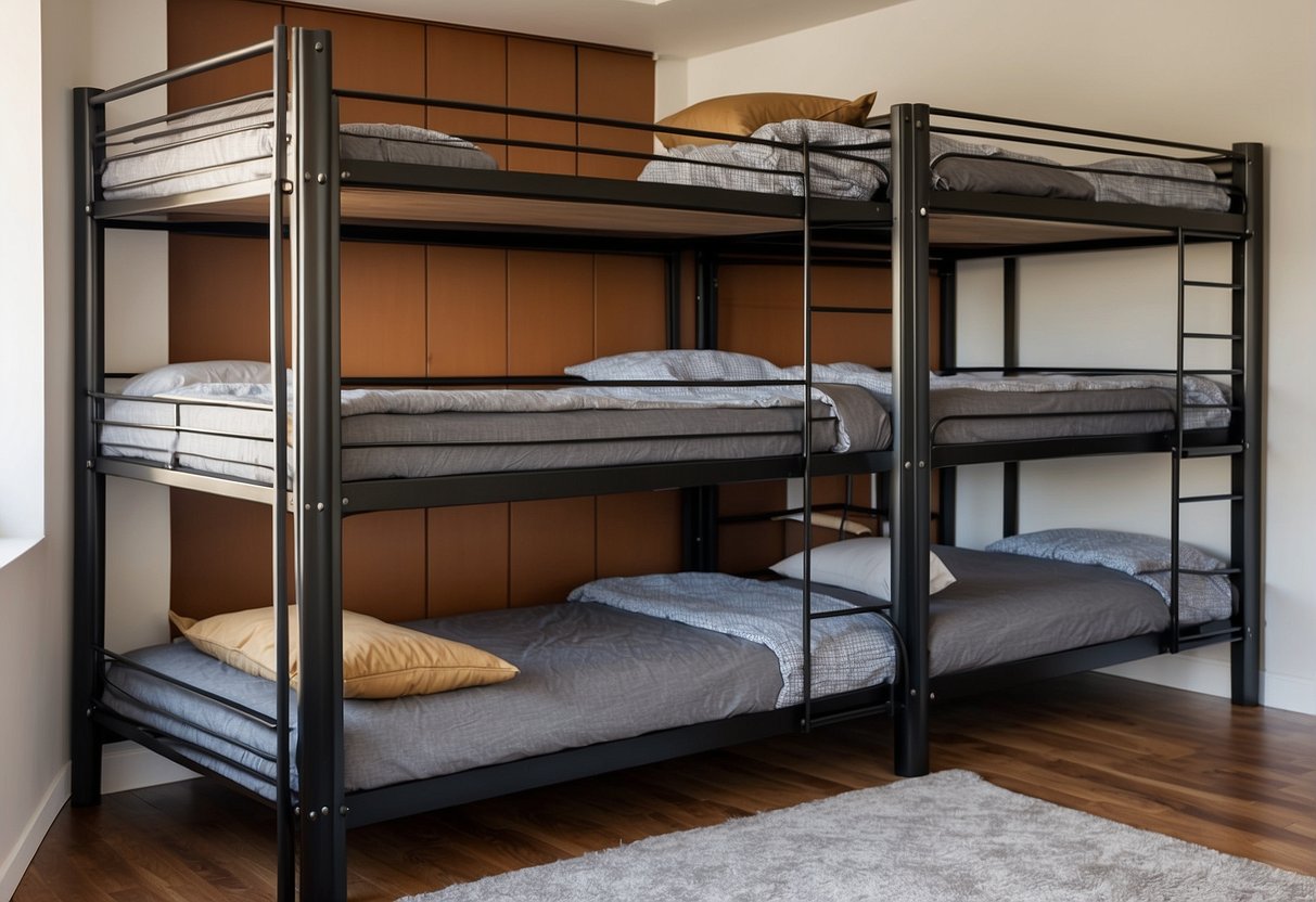 Two bunk beds side by side, one metal and one wooden, showcasing their space-saving features and design differences