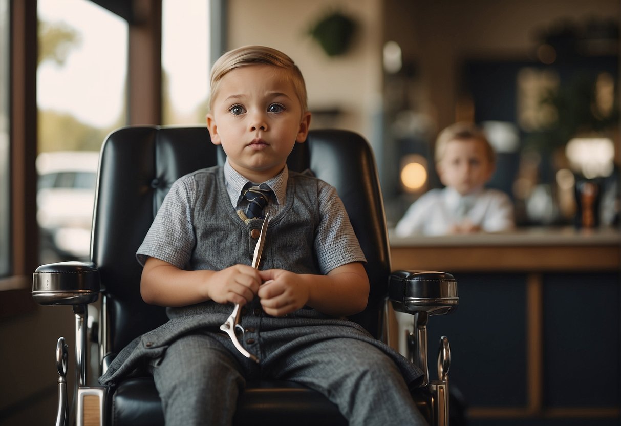 A child sitting in a barber's chair with a hesitant expression as a parent stands nearby, holding a pair of scissors and looking concerned