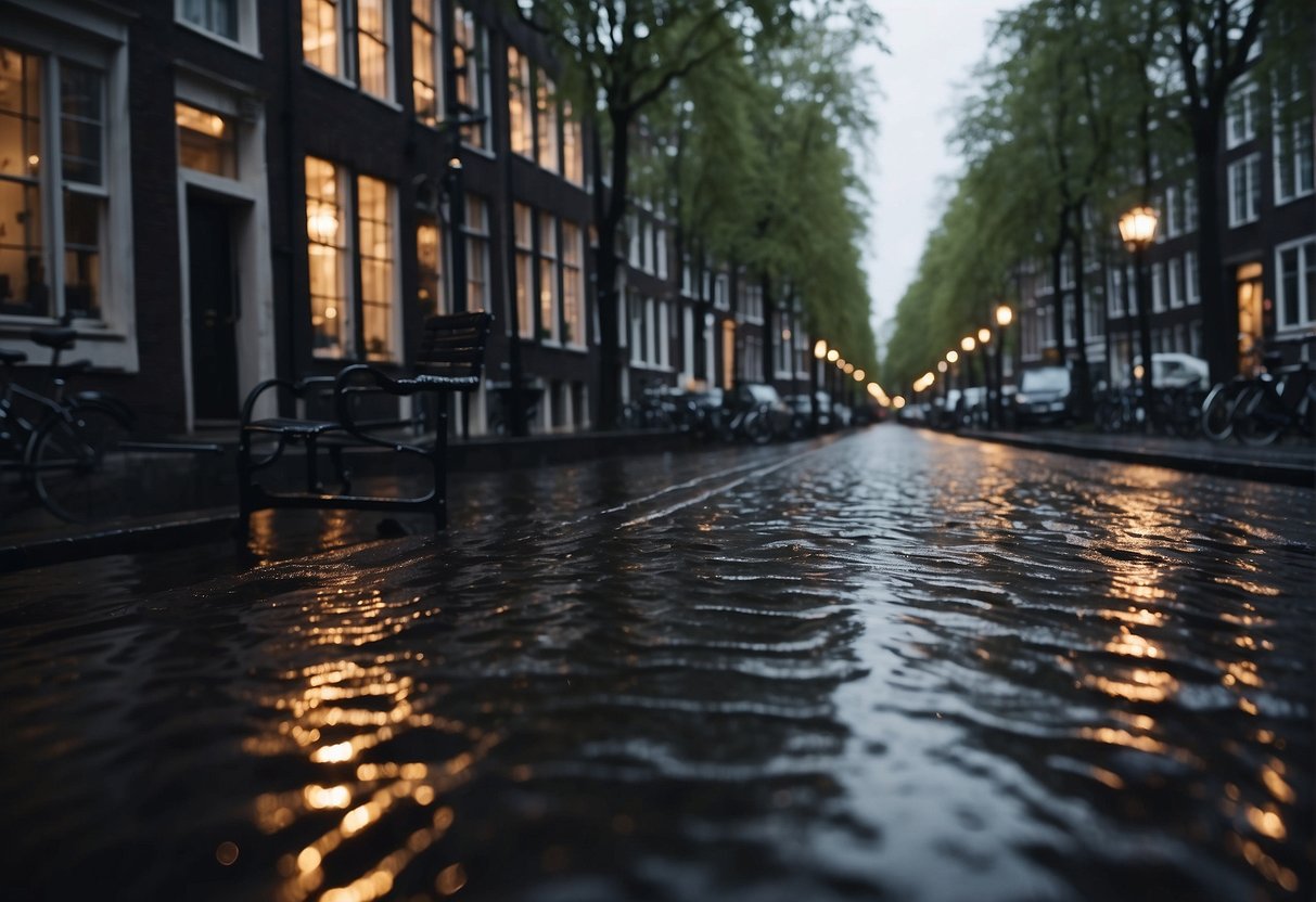 Rain pours over empty cobblestone streets in Amsterdam. Dark clouds loom overhead, casting a gloomy shadow over the city's iconic canals and historic buildings