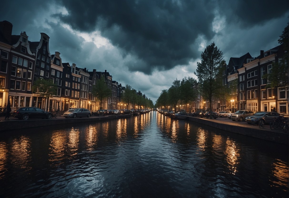 Dark storm clouds loom over the city, strong winds whip through the narrow streets, and heavy rain pelts down, making it the worst time to visit Amsterdam