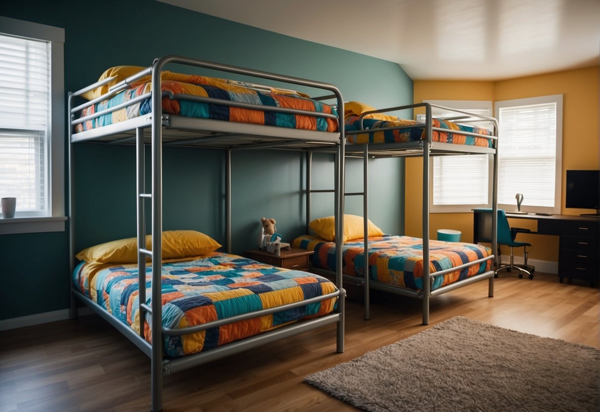 Two bunk beds side by side, one with stairs and the other with a ladder. Both beds are neatly made with colorful bedding