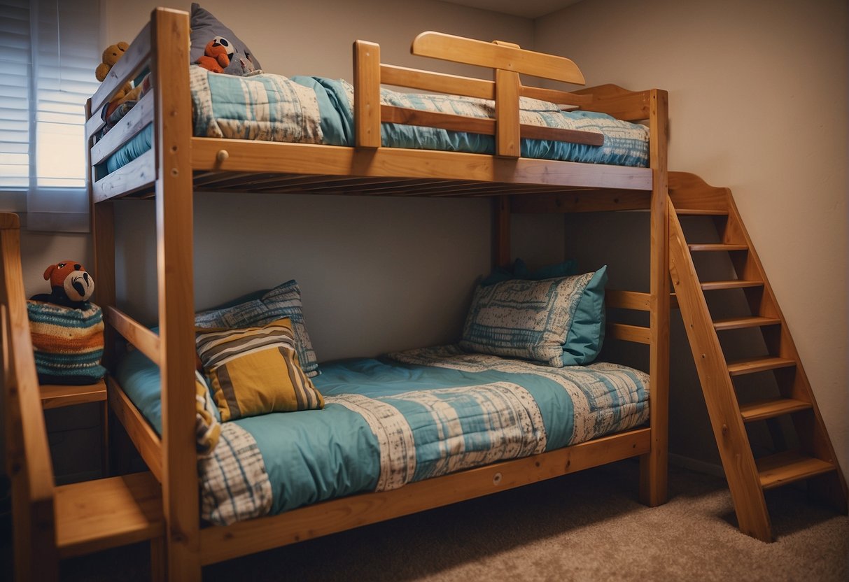 Two bunk beds side by side, one with stairs and the other with a ladder. The beds are neatly made with colorful bedding and there are toys scattered on the floor