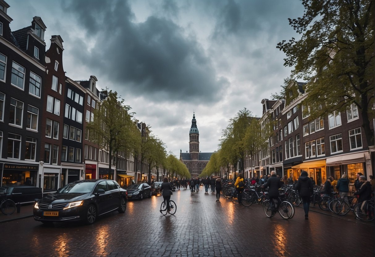 Busy Amsterdam street with tourists and traffic, cloudy sky
