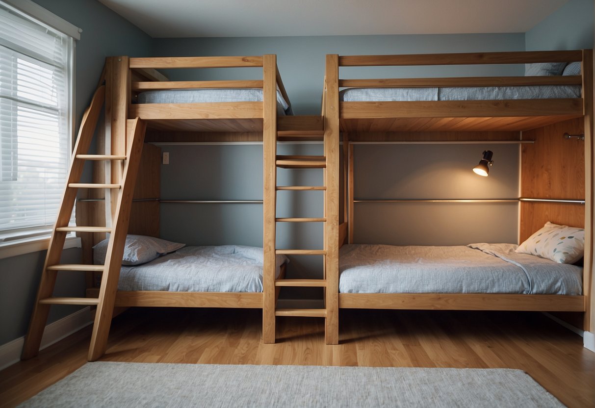 Two bunk beds side by side, one with stairs and the other with ladders. The stairs are sturdy and wide, while the ladders are sleek and vertical