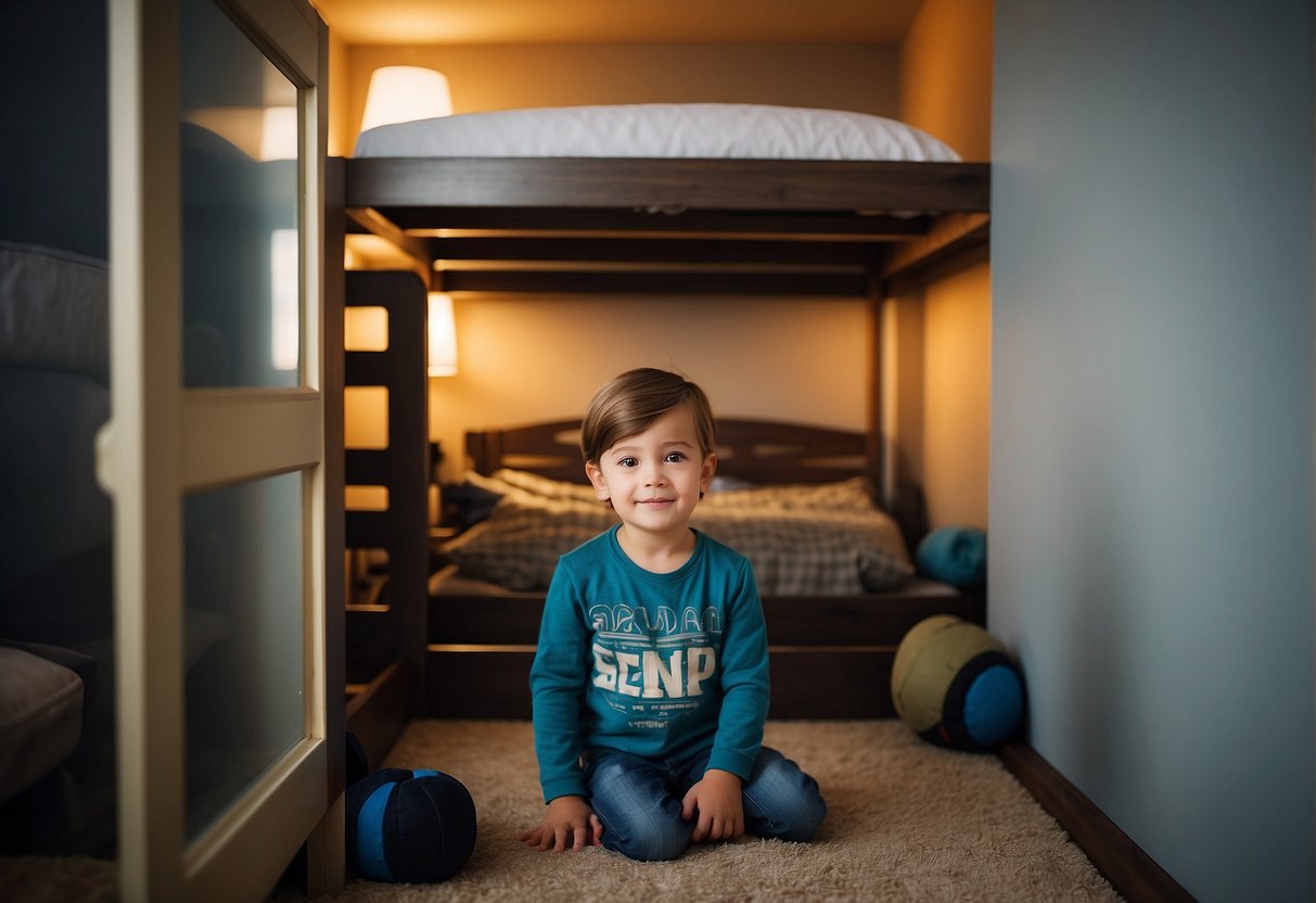 A child stands at the bottom of a bunk bed, comparing the stairs and ladder options to access the top bunk