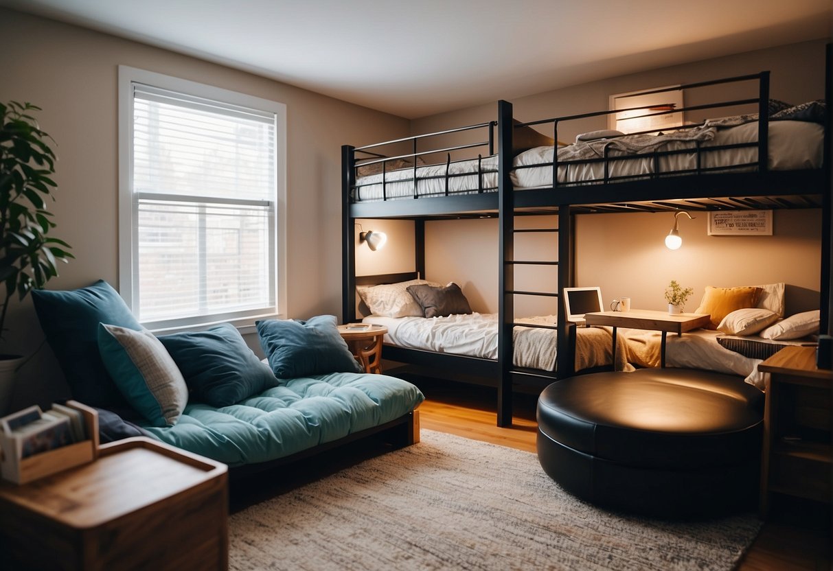 Two loft beds with desks underneath, a cozy reading nook with a bean bag chair, and a fold-out futon for sleepovers