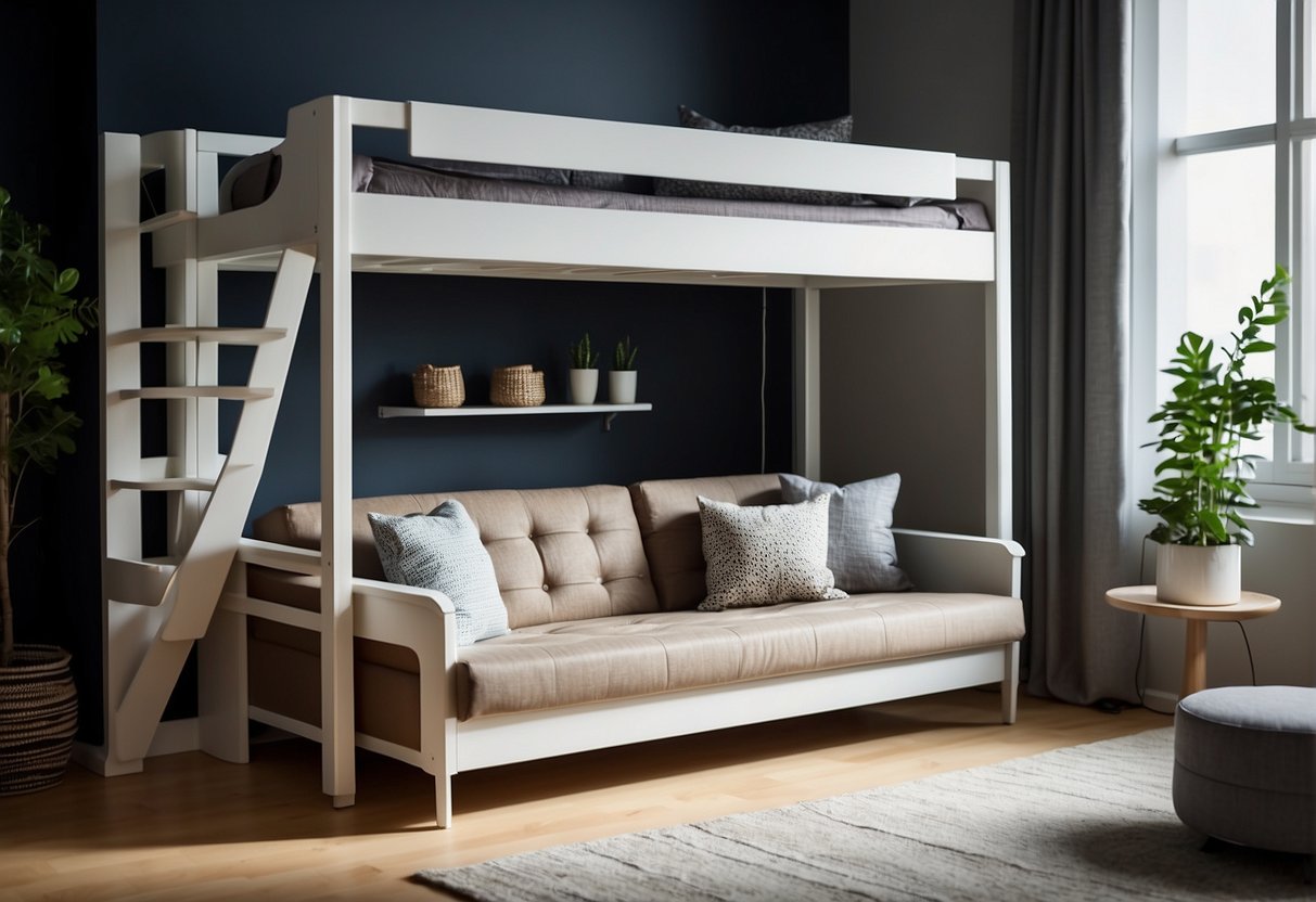 A small living room with a modern, space-saving sleeper sofa transforming into a bunk bed. Clean lines, neutral colors, and efficient design