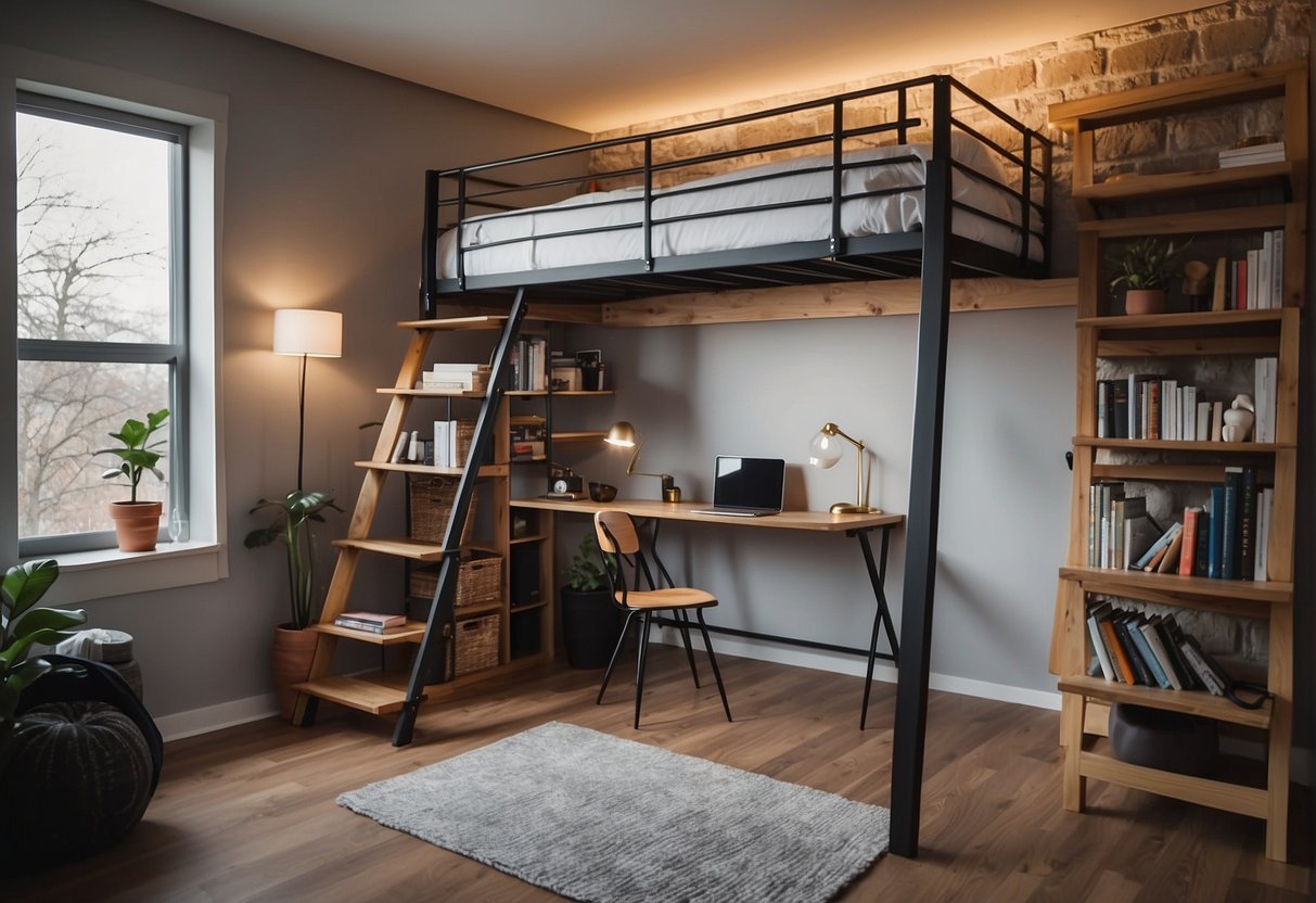 A loft bed stands against a wall, with a desk and bookshelf underneath. A ladder leads up to the bed, which is surrounded by a safety railing