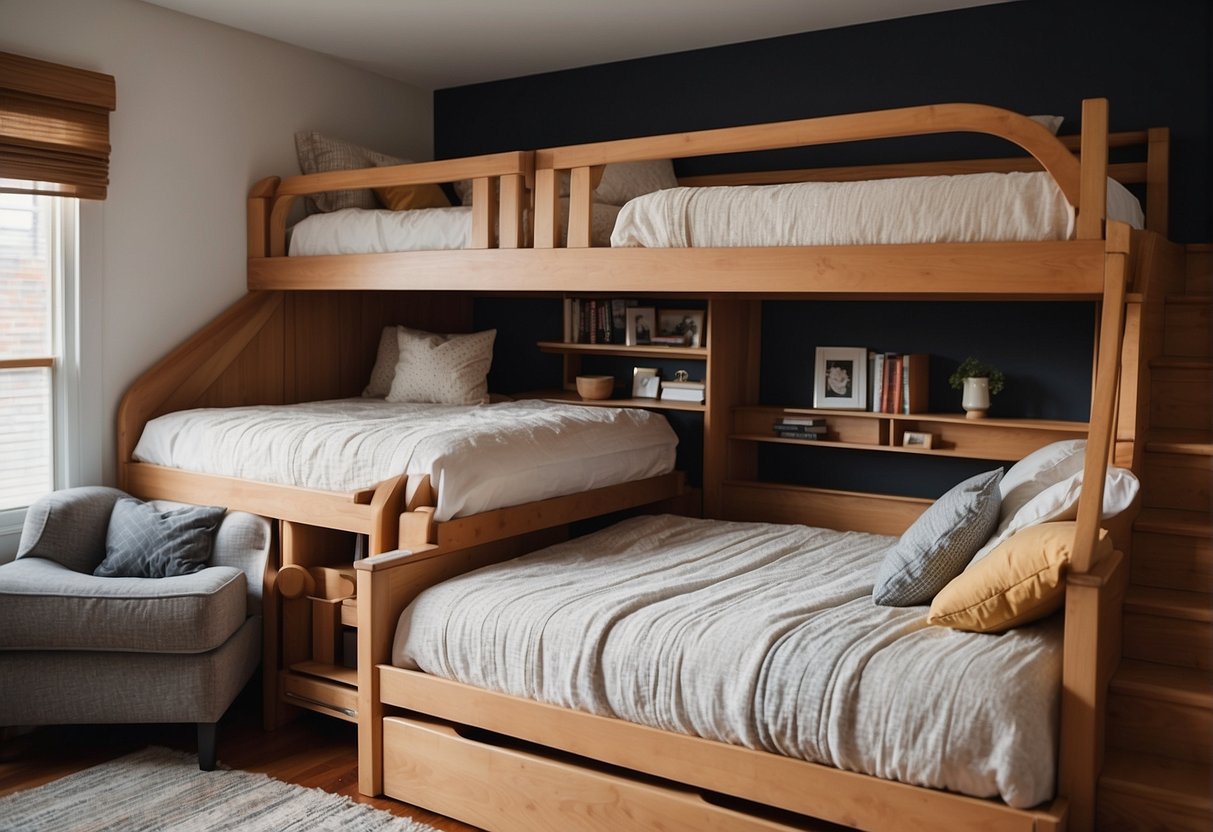 Two trundle beds tucked under a loft bed, with cozy bedding and pillows. A bookshelf and small nightstand complete the cozy bedroom setup