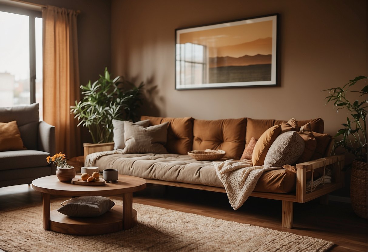 A cozy living room with a futon and daybed, surrounded by warm, earthy tones and soft, textured fabrics, offering a comfortable and inviting space for relaxation and lounging