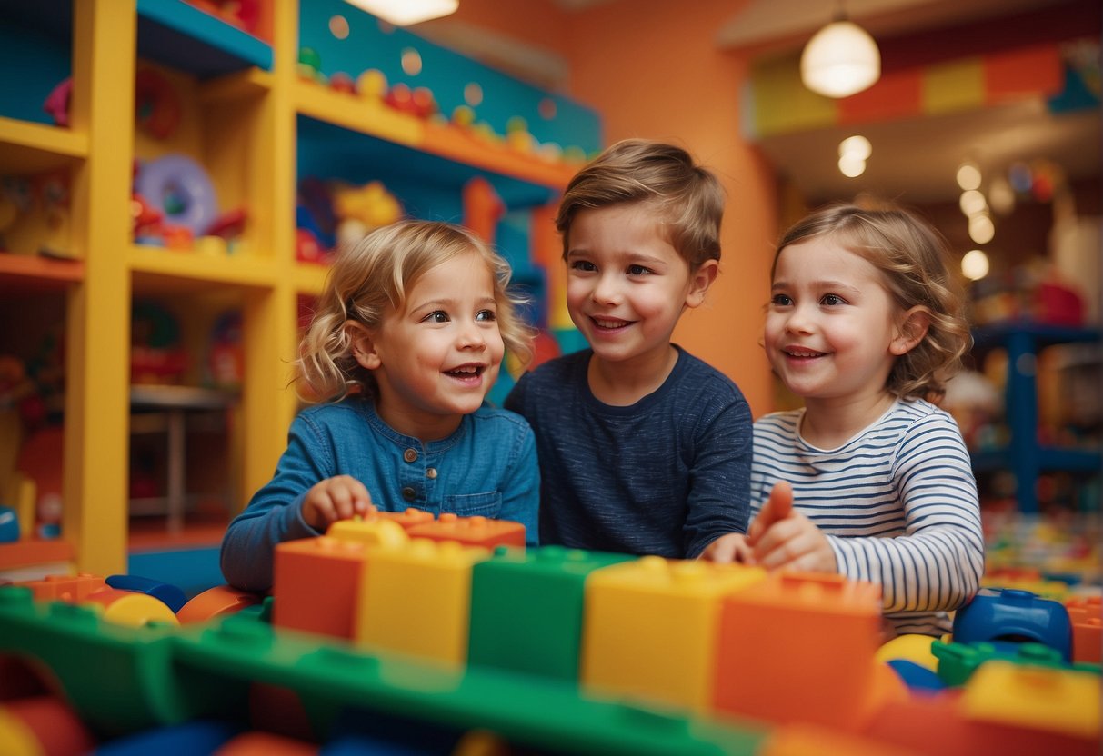 Siblings playing together in a colorful, inviting playroom. One child building a tower while the other child pretends to be a customer at a make-believe store