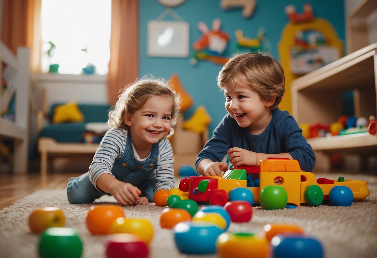 Two siblings happily playing together in a colorful, organized playroom with toys and games scattered around. A parent is observing from a distance, smiling at the harmonious interaction
