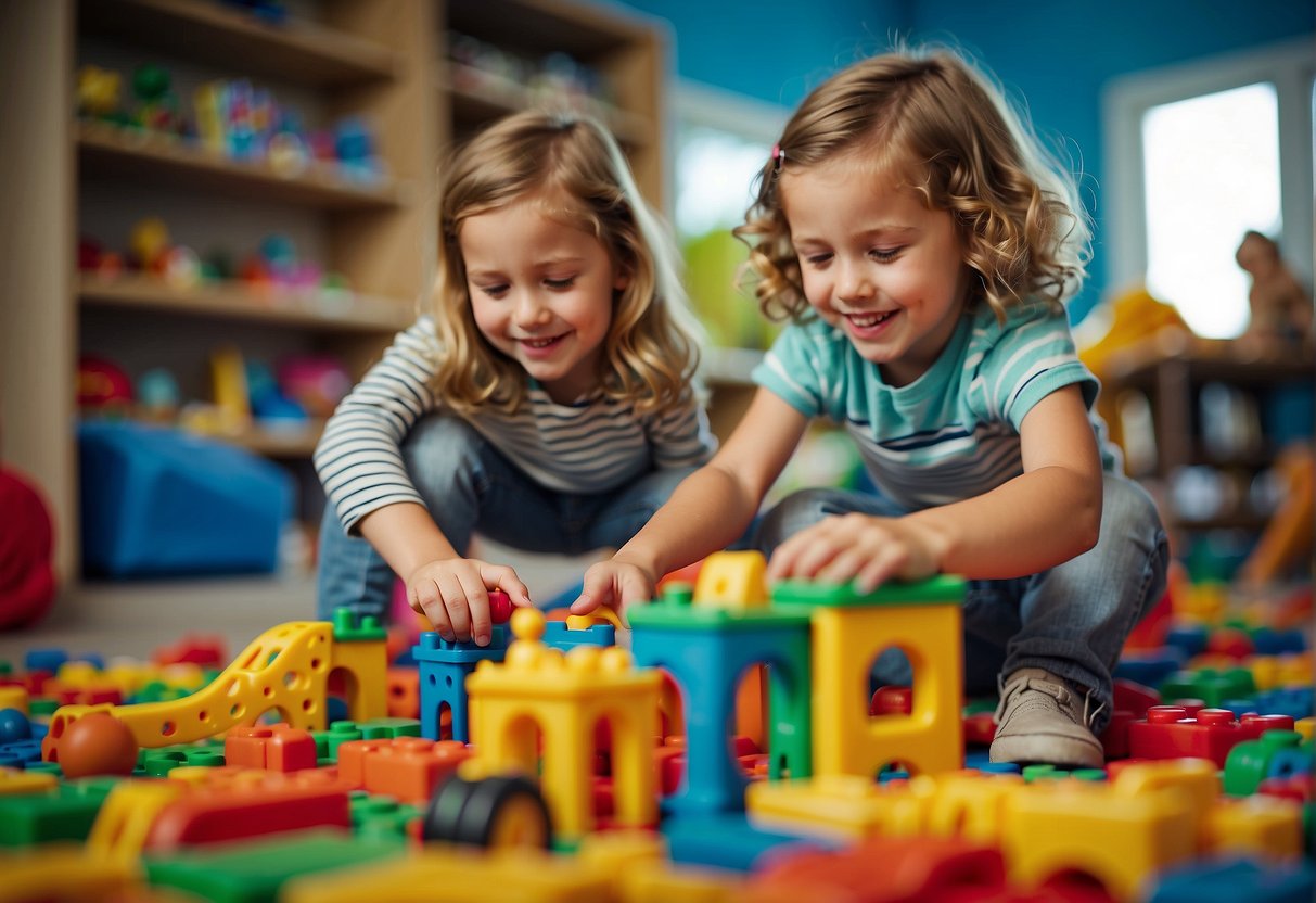 Siblings playing together in a colorful, inviting play area, with toys and games that cater to their individual interests, while also creating opportunities for them to engage in cooperative play and bonding activities