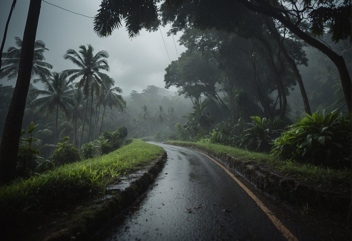 Stormy skies, heavy rain, and strong winds battering the landscape of Indonesia, making it the worst time to visit due to challenging weather conditions