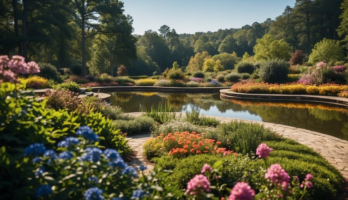 A lush garden with colorful flowers, winding pathways, and a tranquil pond set against the backdrop of rolling hills and a clear blue sky in Tuscaloosa, AL