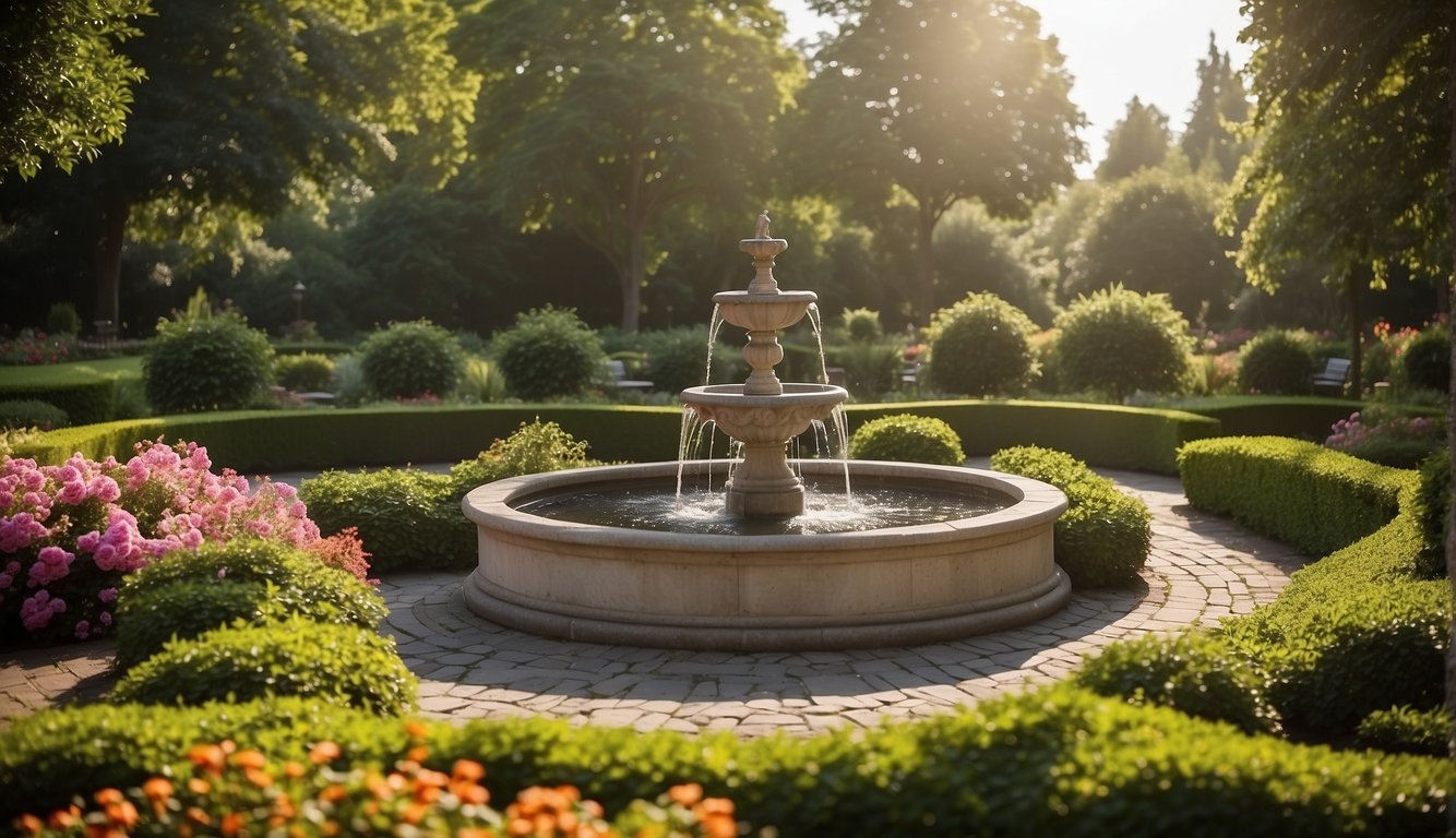 A serene garden with winding pathways, vibrant flowers, and neatly trimmed hedges. A central fountain glistens in the sunlight, surrounded by lush greenery and shaded seating areas