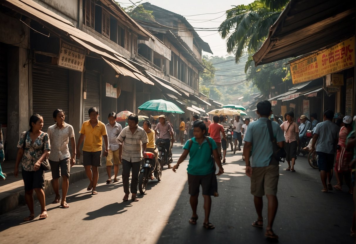 Indonesia's busy streets under a scorching sun. Tourists frown at their maps, seeking shade. Locals rush past, trying to avoid the midday heat