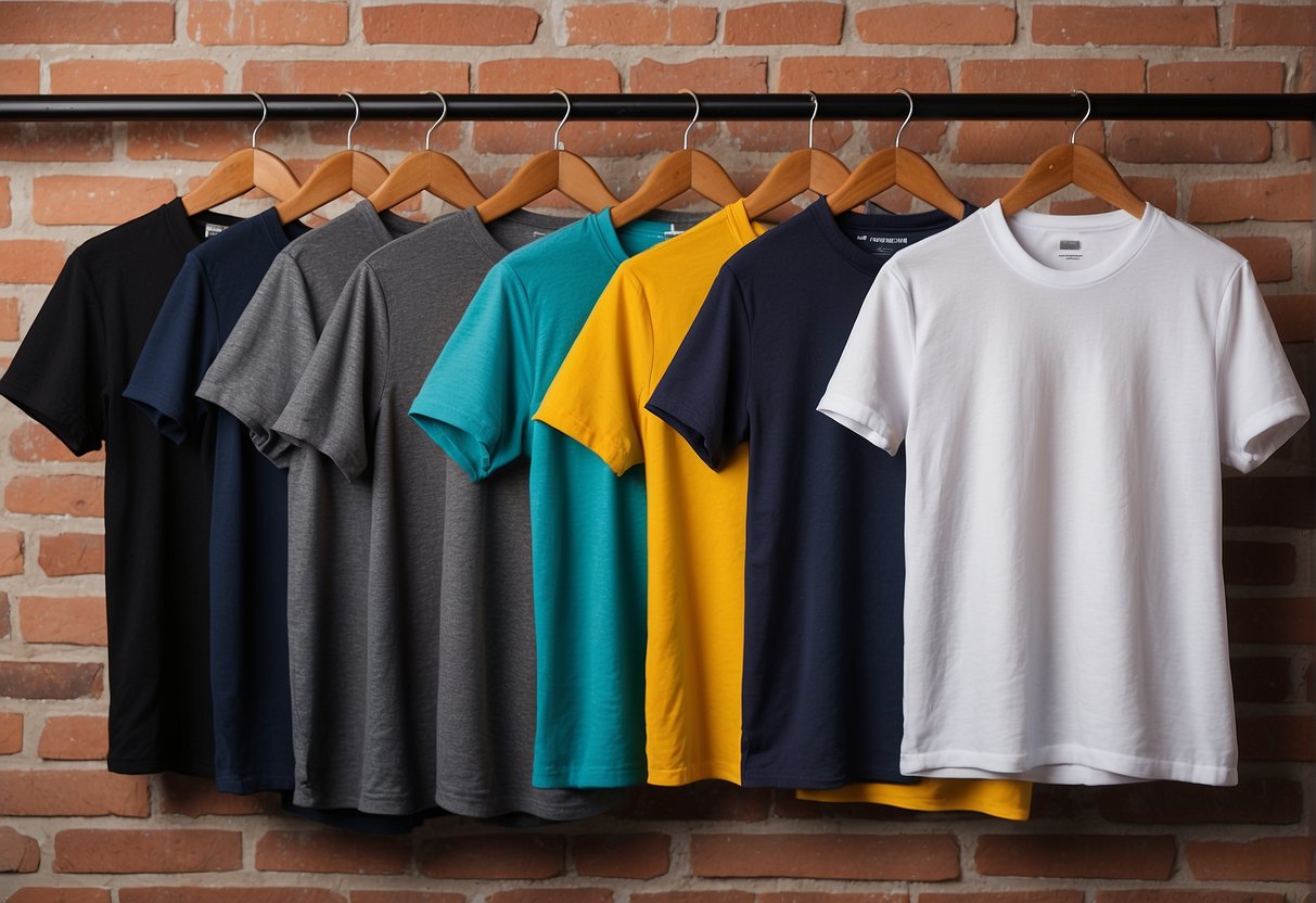 Four T-shirts stand next to four different clothing sizes, showcasing the contrast in size and fit
