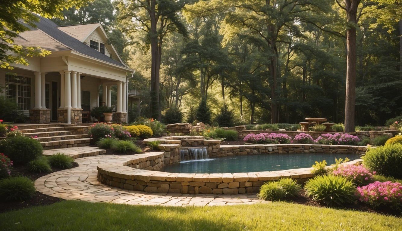 A sunny Tuscaloosa backyard with a spacious lawn, colorful flower beds, and a winding stone pathway leading to a cozy seating area. Tall trees provide shade, while a small water feature adds tranquility