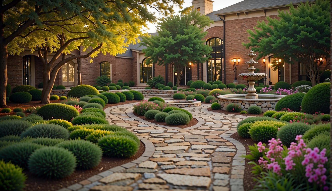 A Tuscaloosa landscape featuring stone pathways, ornate garden walls, and a variety of plantings, creating a harmonious hardscaping design