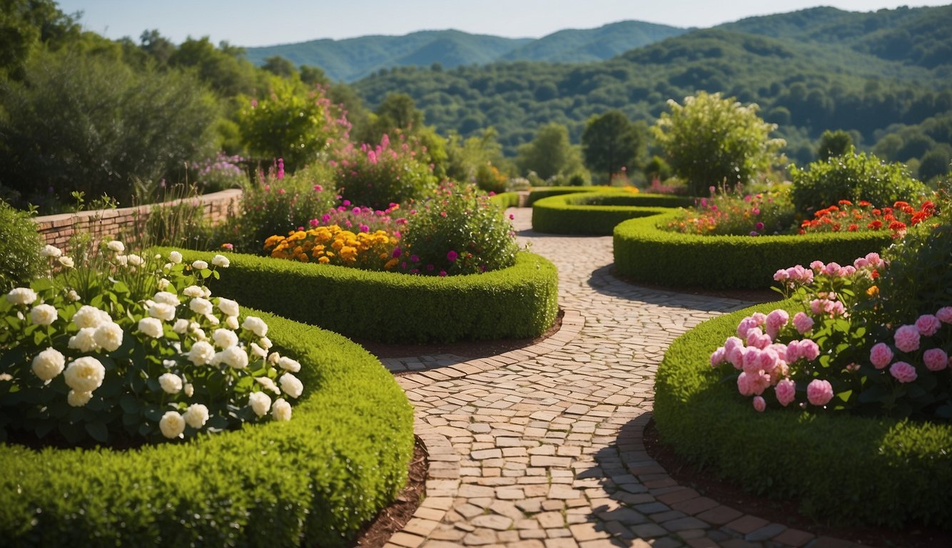A lush green garden with winding pathways and vibrant flowers, set against a backdrop of rolling hills and a clear blue sky in Tuscaloosa, AL