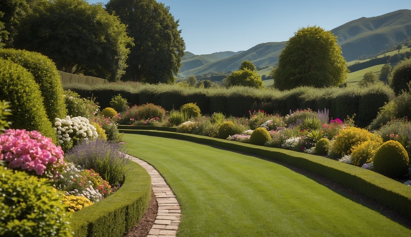 A lush garden with neatly trimmed hedges, colorful flowers, and manicured lawns set against a backdrop of rolling hills and a clear blue sky