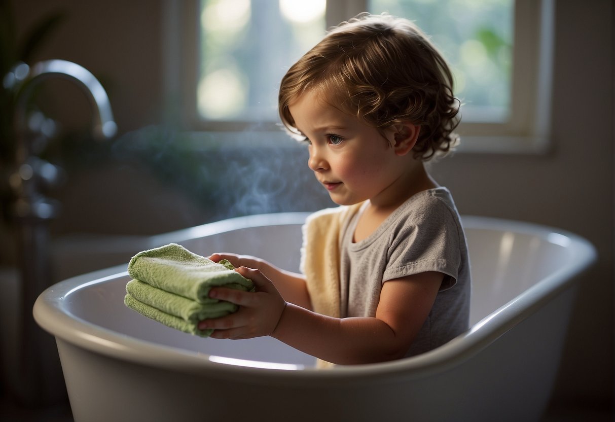 A child stands in a bathtub, holding a bar of soap and a washcloth. The water is warm, and steam rises from the surface. A towel hangs nearby, ready for use