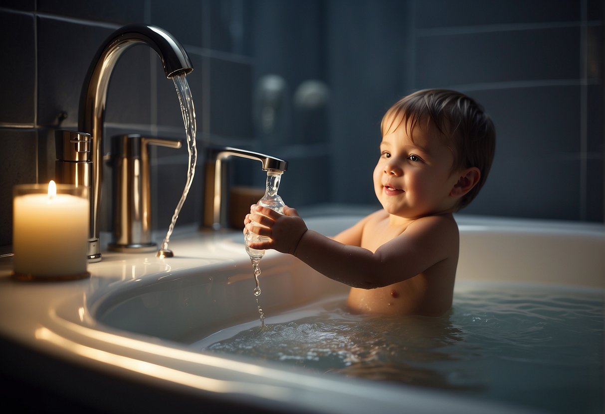 A child pours water into a bathtub, gathers soap and a towel, and prepares to bathe themselves independently
