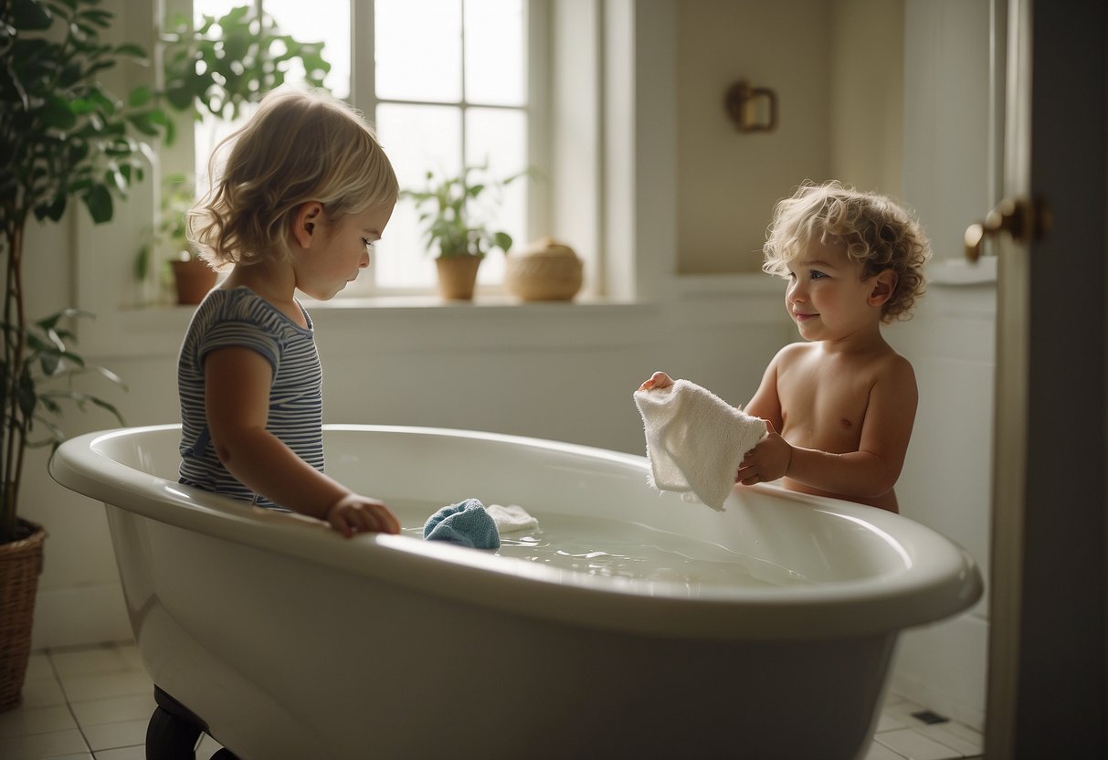 A child stands in a bathtub, holding a washcloth and soap. A parent watches nearby, offering guidance and encouragement. The child is learning to bathe themselves independently