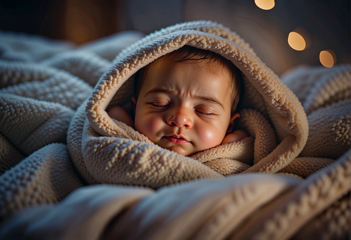 A baby nestled in a cozy, warm blanket, peacefully sleeping in a comfortable room with soft lighting and a gentle breeze flowing