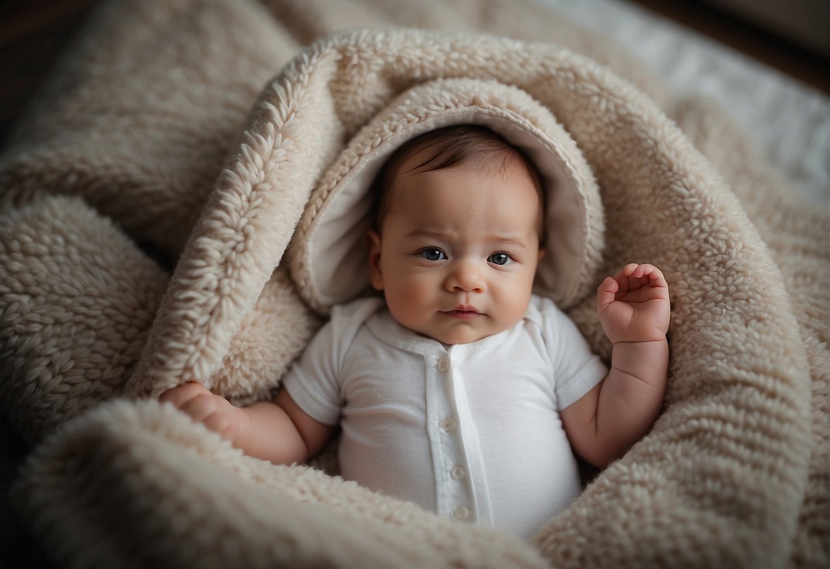 A baby lies comfortably in a cozy, warm environment, surrounded by soft blankets and a gentle, ambient temperature. The baby's body is relaxed, showing signs of contentment and comfort