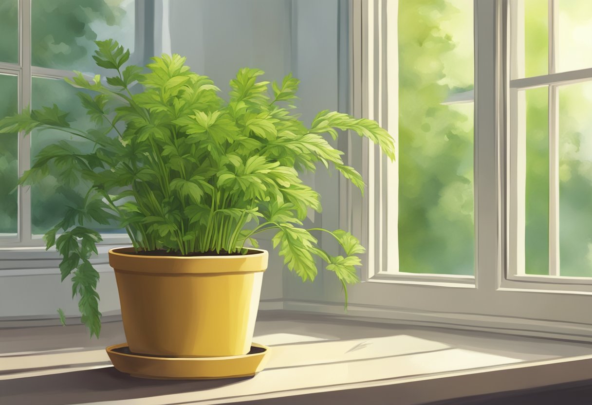 A yellowing citronella plant sits in a small pot on a sunny windowsill, surrounded by other healthy green plants