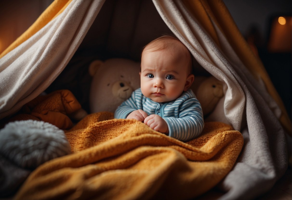 A baby surrounded by warm blankets and a cozy environment, with a thermometer showing a stable temperature