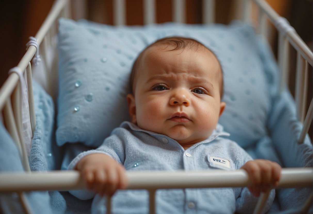A baby lying in a crib, flushed and sweating with a fever. A thermometer nearby shows a high temperature. Sweat droplets on the baby's forehead