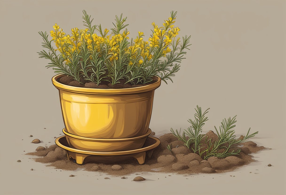 Yellow rosemary in pot, wilting leaves, dry soil