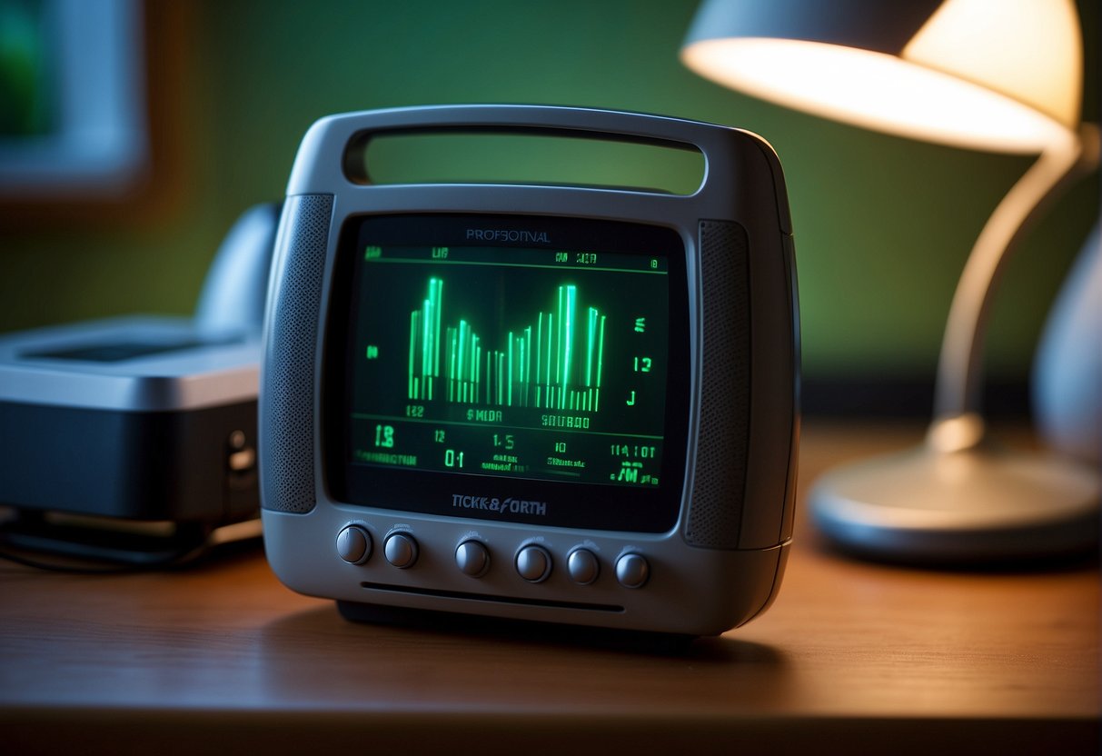 A baby monitor sits on a dresser, its green light blinking. Nearby, a radio plays softly. The monitor picks up the radio signal, causing static and interference