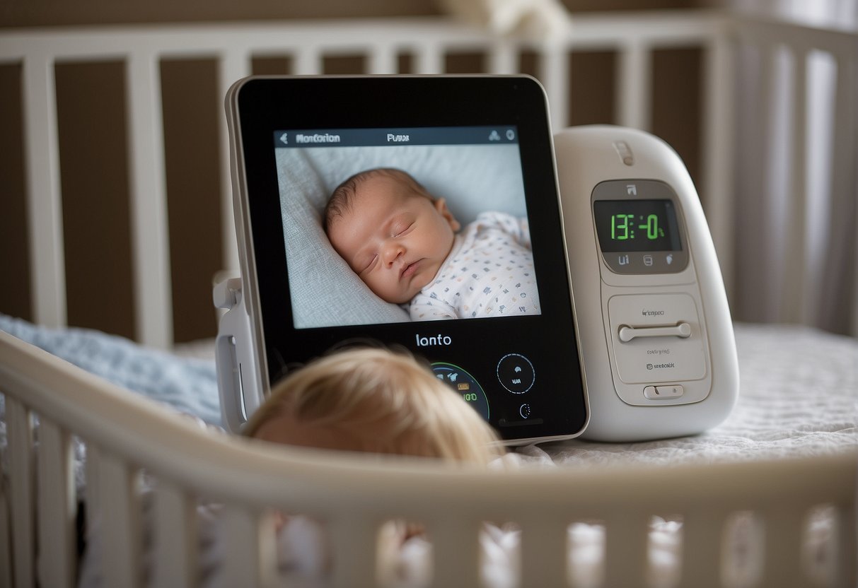 A baby peacefully sleeping in a crib with a wifi baby monitor on the side, showing the convenience of remote monitoring. On the other hand, potential security risks and interference issues are also present