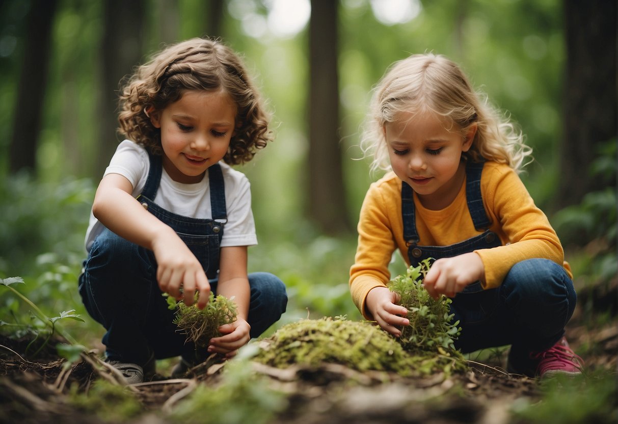 Children engaged in play-based learning activities outdoors, exploring nature and using natural materials. A teacher facilitates hands-on experiences, promoting curiosity and creativity