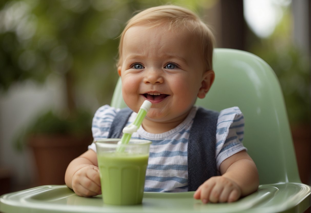 A baby sitting in a high chair, holding a straw and sipping from a cup with a smile on their face