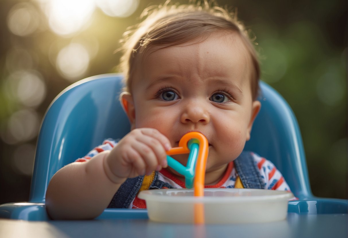 A baby sits in a high chair, reaching for a colorful straw in a cup. The baby's mouth is open as they attempt to grasp and bring the straw to their mouth