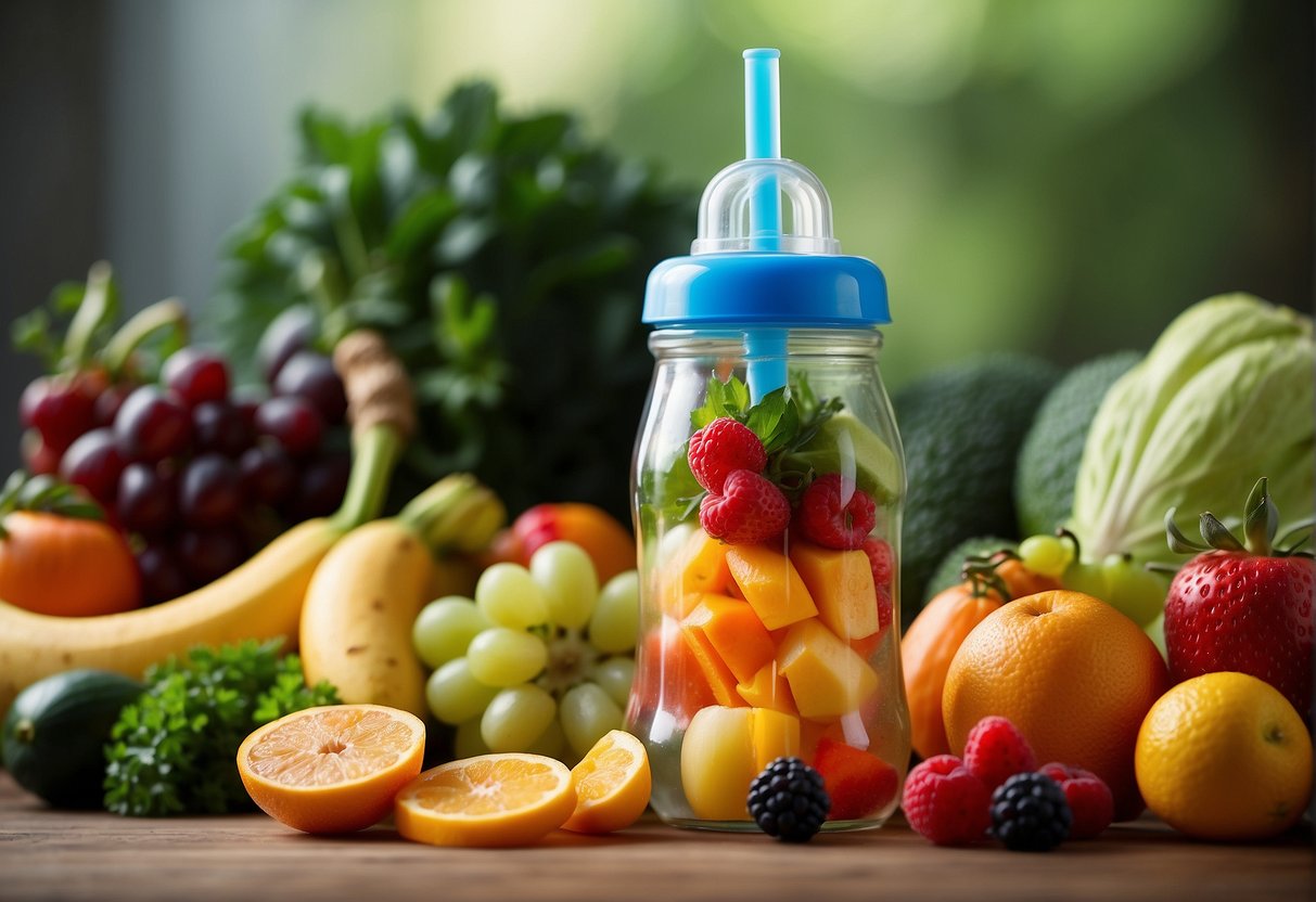 A baby bottle with a straw attached, surrounded by colorful and healthy fruits and vegetables